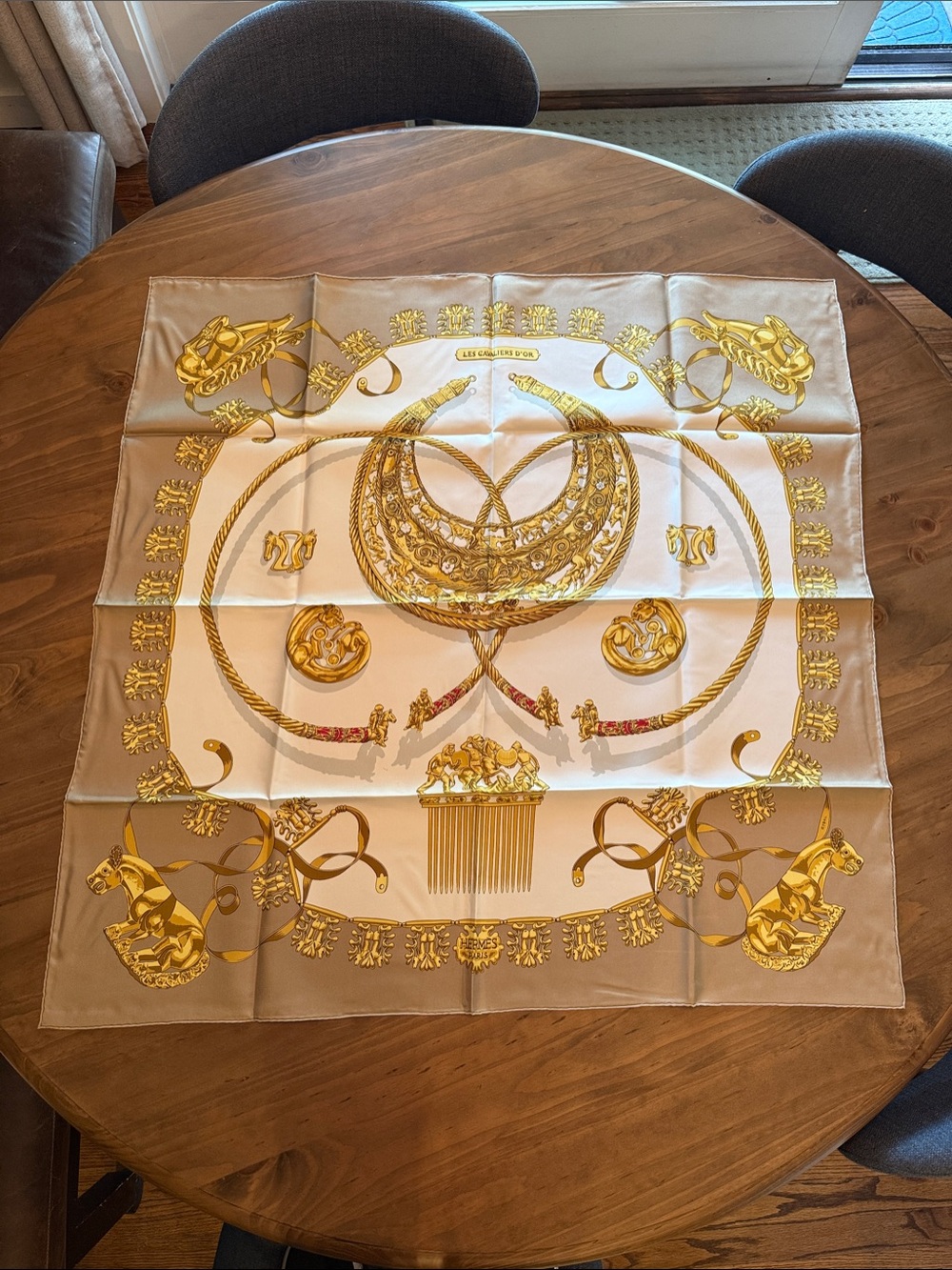 Hermes Gold and Cream Silk Scarf